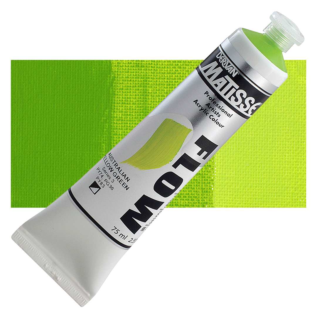 Open in modal - Matisse Flow Acrylic Paint - Australian Yellow Green, 75 ml tube and swatch