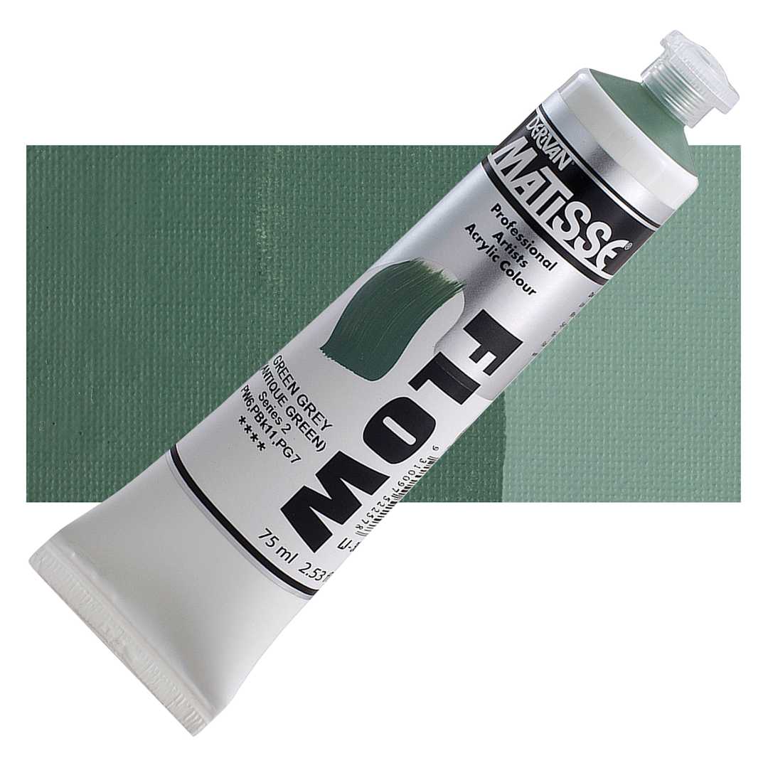Open in modal - Matisse Flow Acrylic Paint - Green Grey (Antique), 75 ml tube and swatch