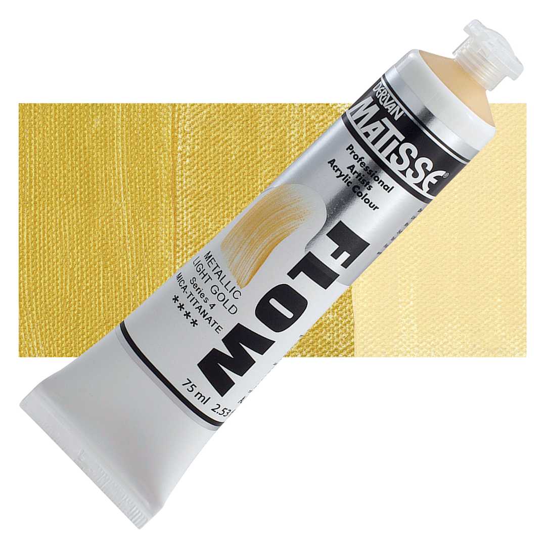 Open in modal - Matisse Flow Acrylic Paint - Metallic Light Gold, 75 ml tube and swatch