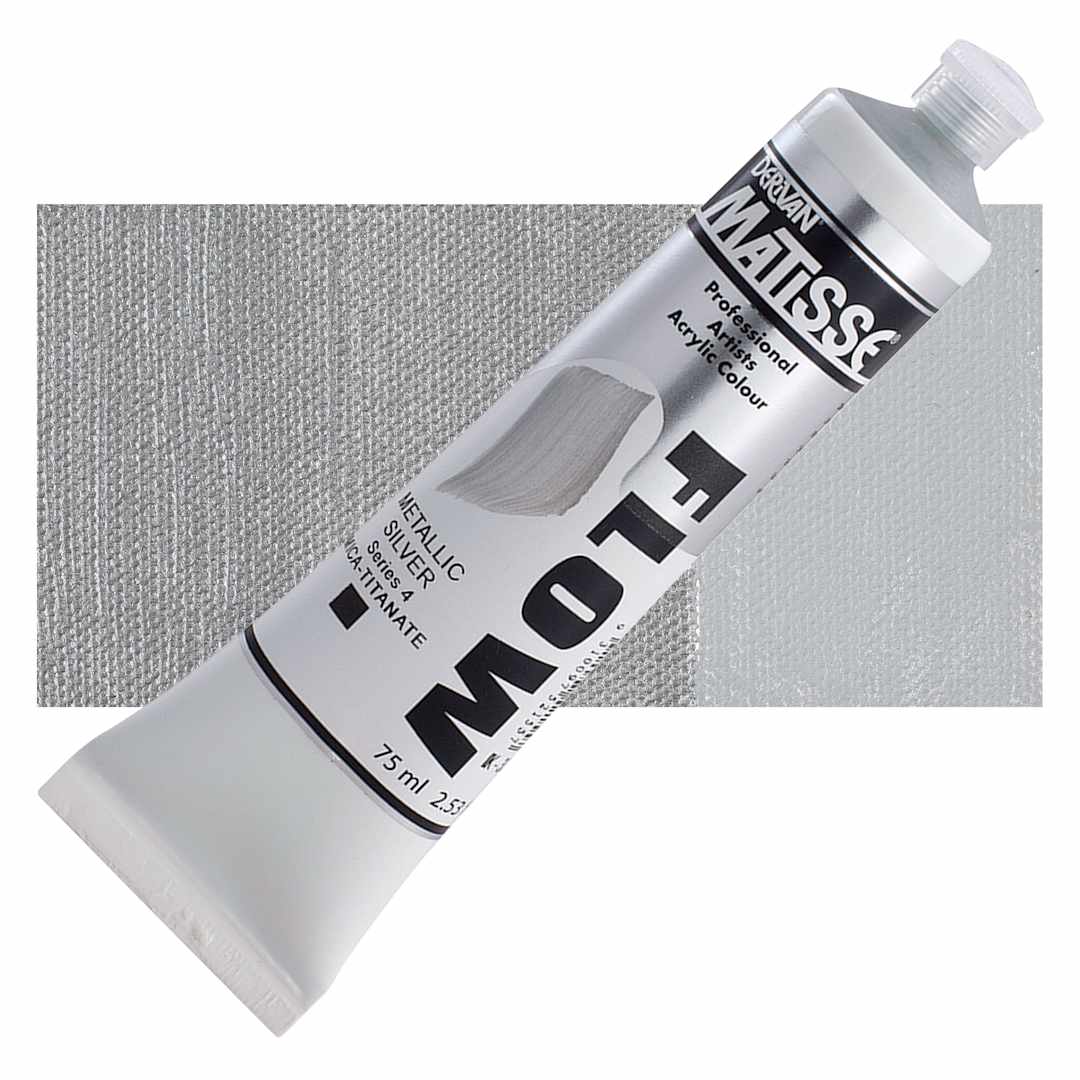 Open in modal - Matisse Flow Acrylic Paint - Metallic Silver, 75 ml tube and swatch
