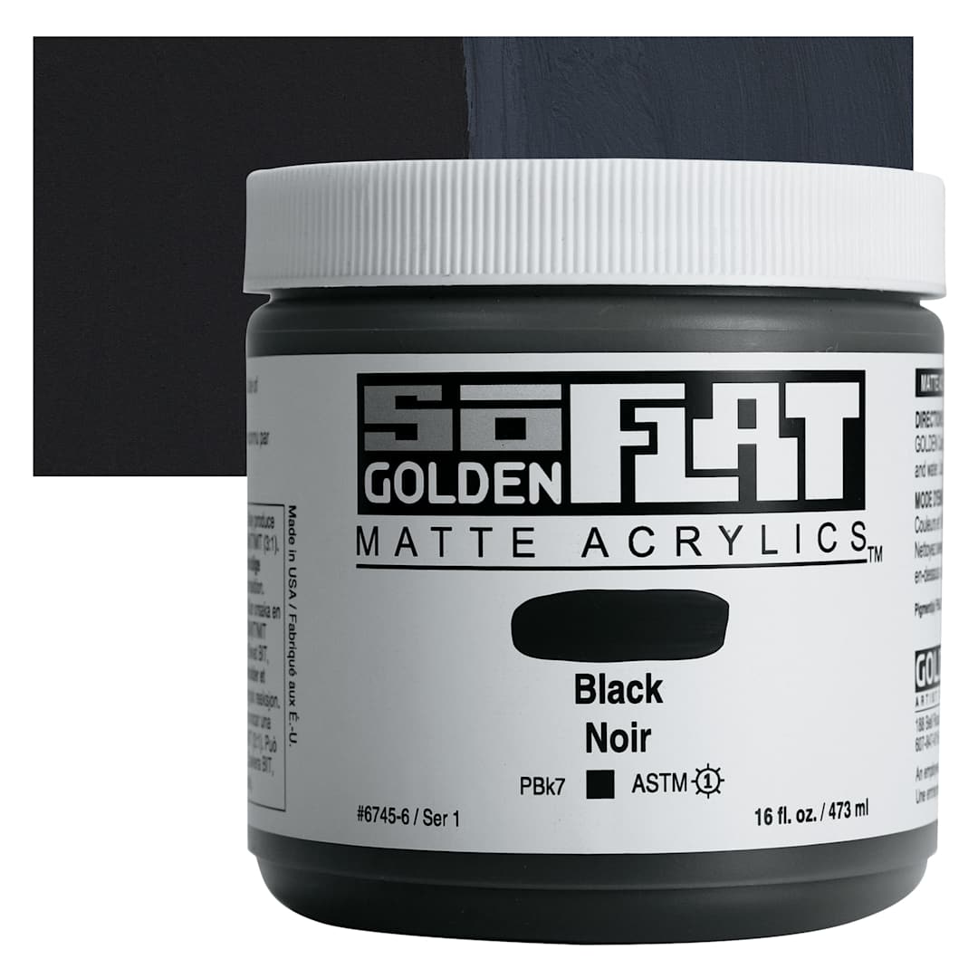 Open in modal - Golden SoFlat Matte Acrylic Paint - Black, 473 ml, Jar and swatch