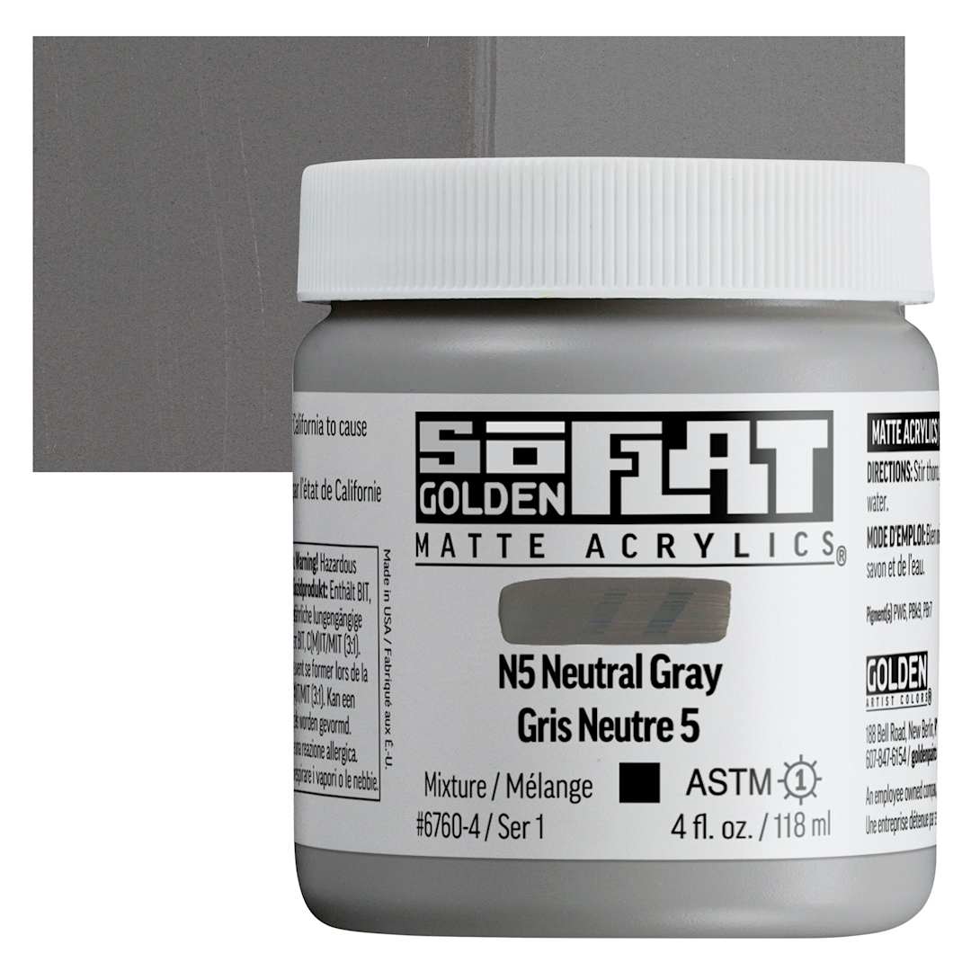 Open in modal - Golden SoFlat Matte Acrylic Paint - N5 Neutral Gray, 118 ml, Jar and swatch