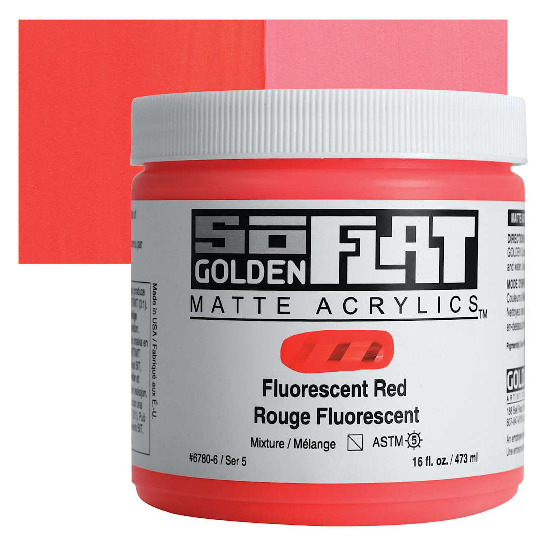 Open in modal - Golden SoFlat Matte Acrylic Paint - Fluorescent Red, 473 ml, Jar and swatch
