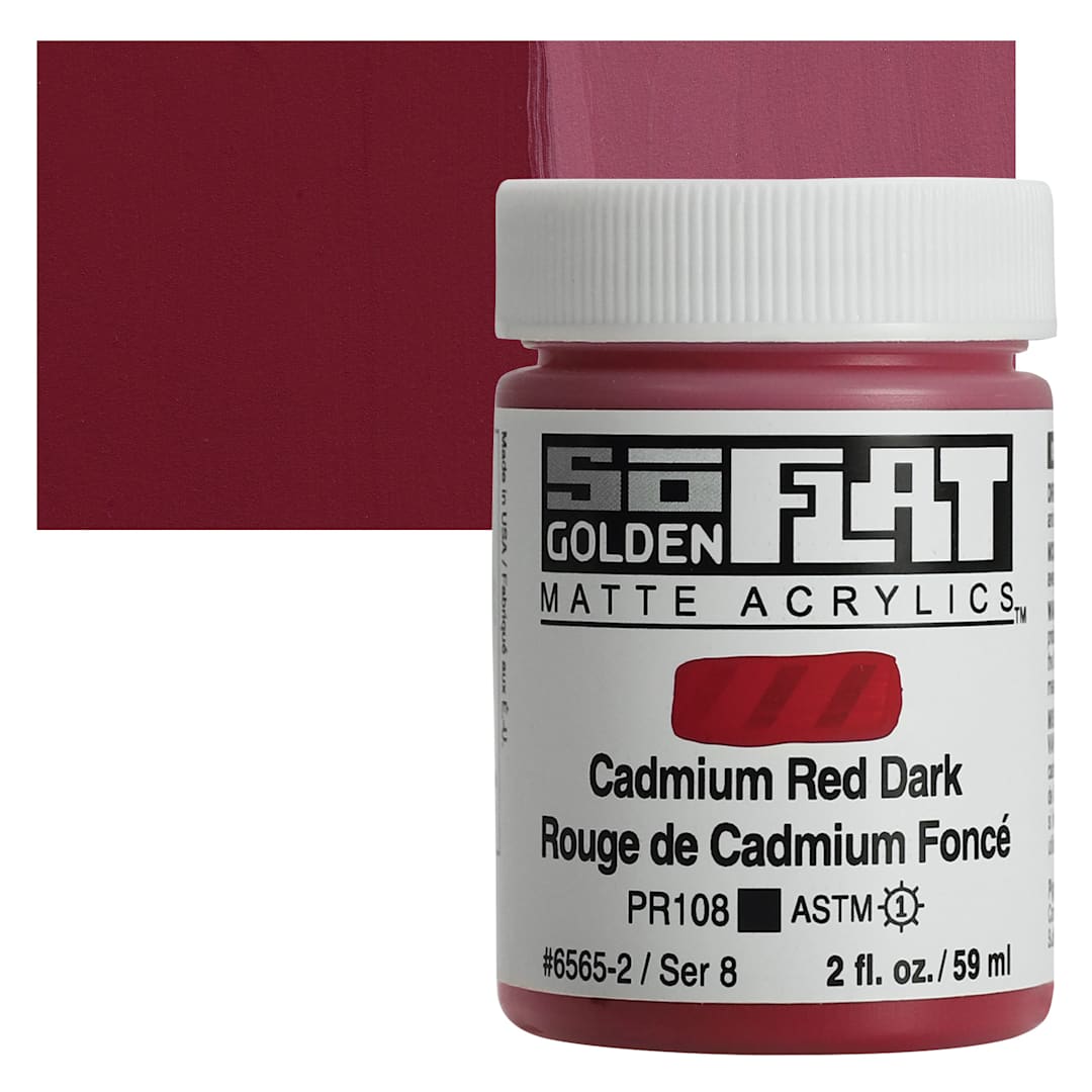 Open in modal - Golden SoFlat Matte Acrylic Paint - Cadmium Red Dark, 59 ml, Jar and swatch