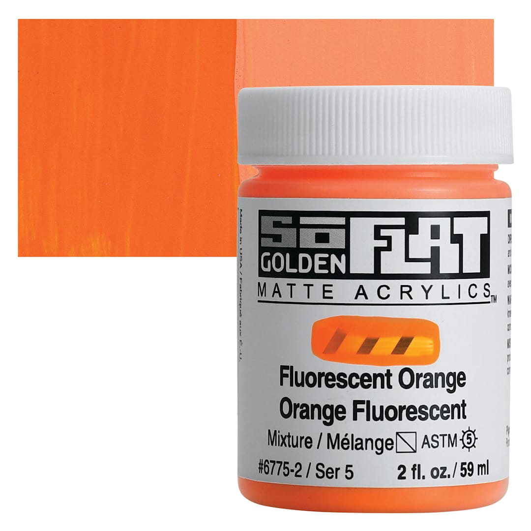 Open in modal - Golden SoFlat Matte Acrylic Paint - Fluorescent Orange, 59 ml, Jar and swatch