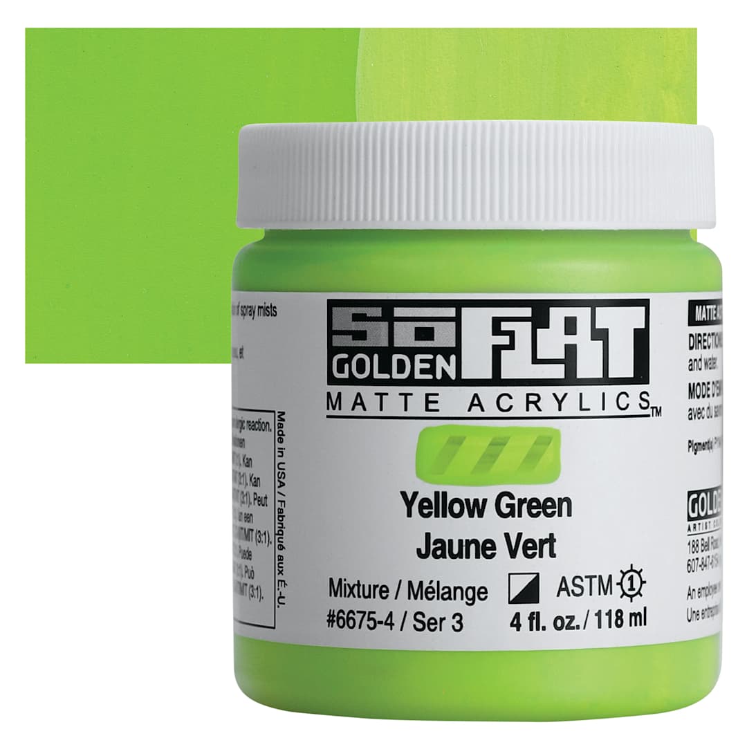 Open in modal - Golden SoFlat Matte Acrylic Paint - Yellow Green, 118 ml, Jar and swatch
