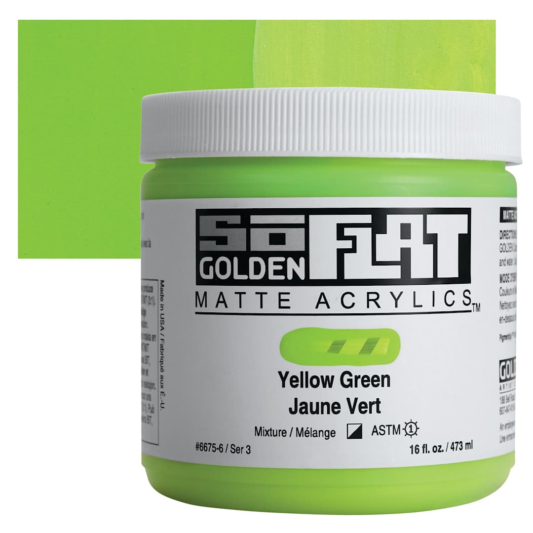 Open in modal - Golden SoFlat Matte Acrylic Paint - Yellow Green, 473 ml, Jar and swatch
