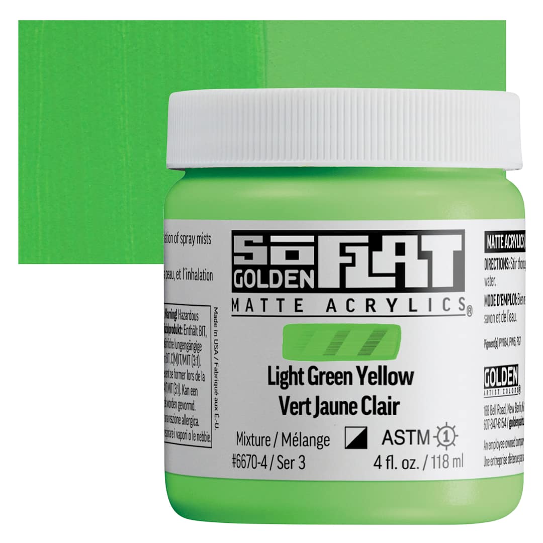 Open in modal - Golden SoFlat Matte Acrylic Paint - Light Green Yellow, 118 ml, Jar and swatch