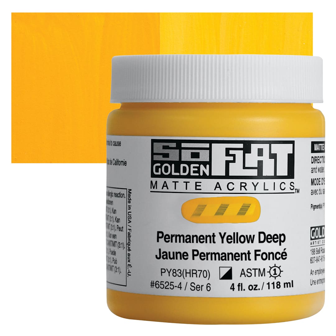 Open in modal - Golden SoFlat Matte Acrylic Paint - Permanent Yellow Deep, 118 ml, Jar and swatch