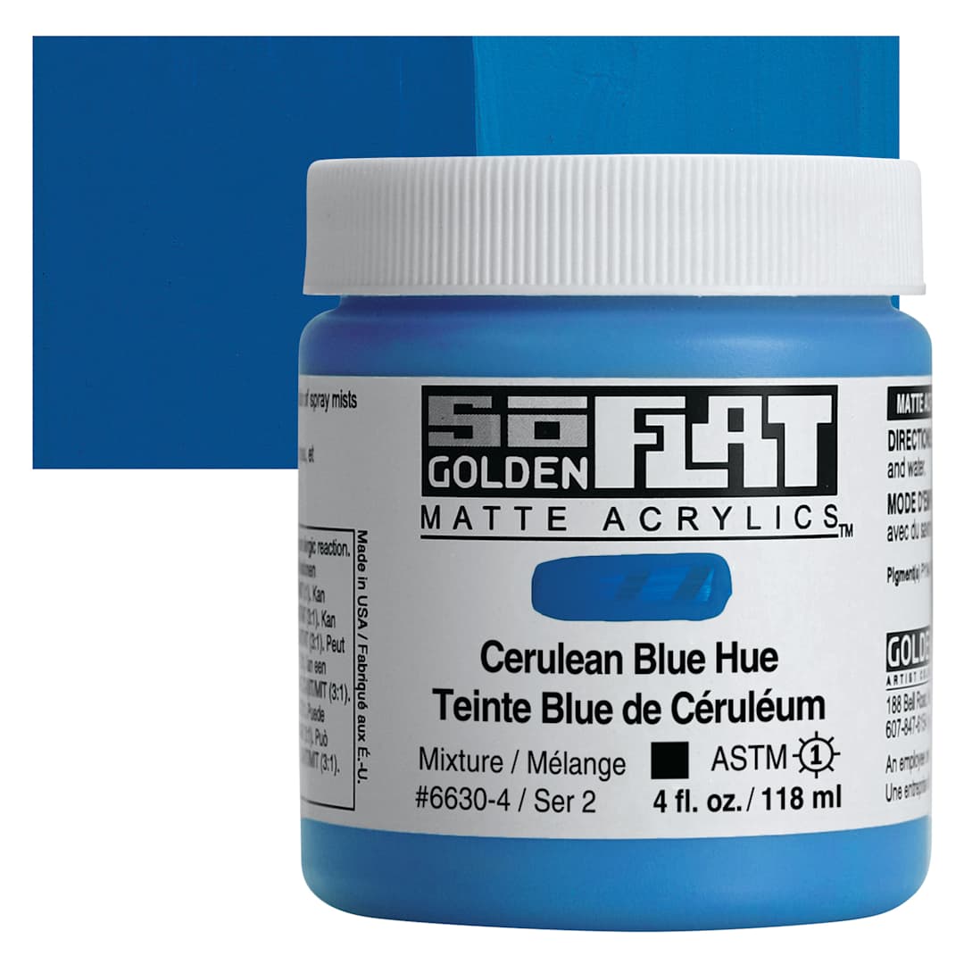Open in modal - Golden SoFlat Matte Acrylic Paint - Cerulean Blue Hue, 118 ml, Jar and swatch