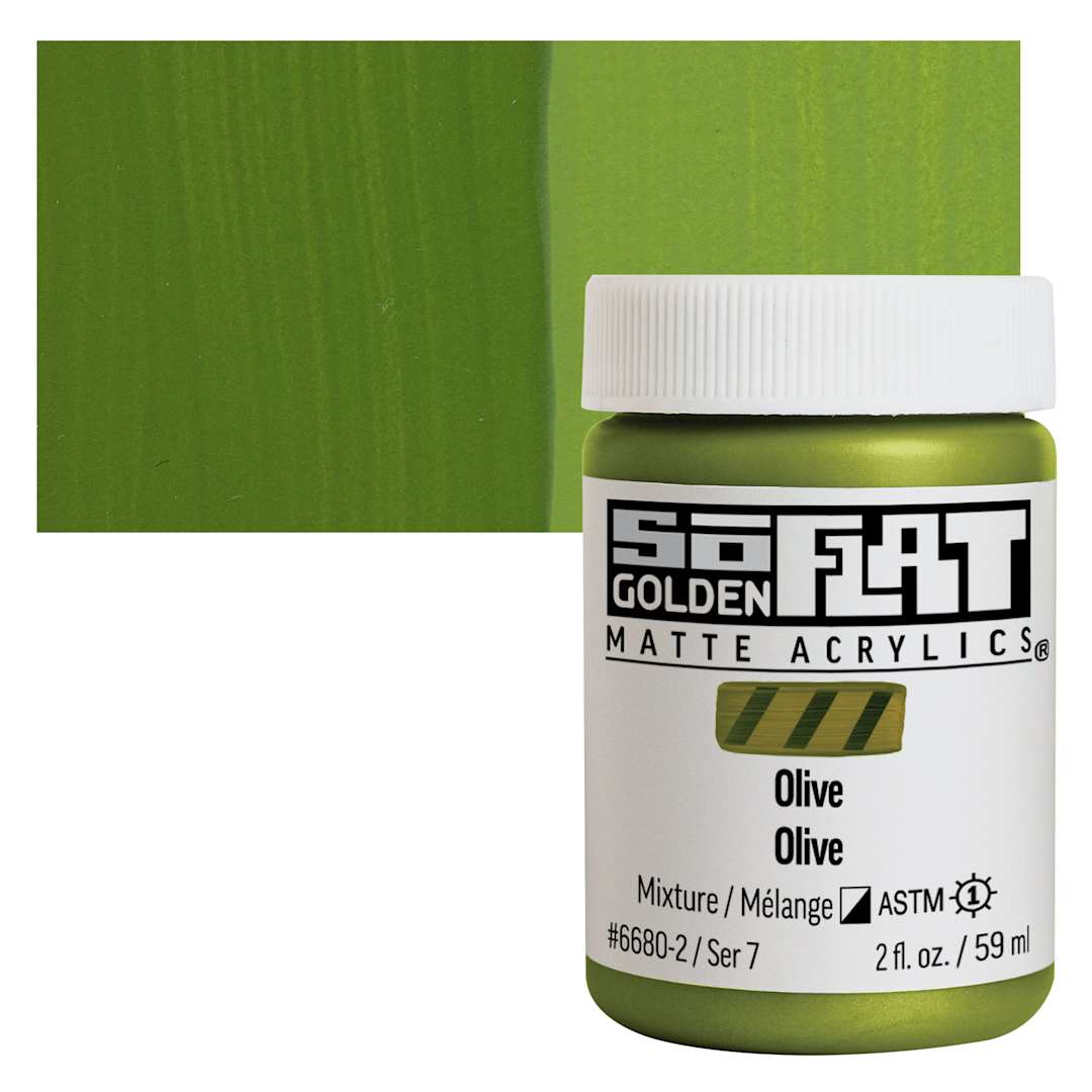 Open in modal - Golden SoFlat Matte Acrylic Paint - Olive, 59 ml, Jar and swatch