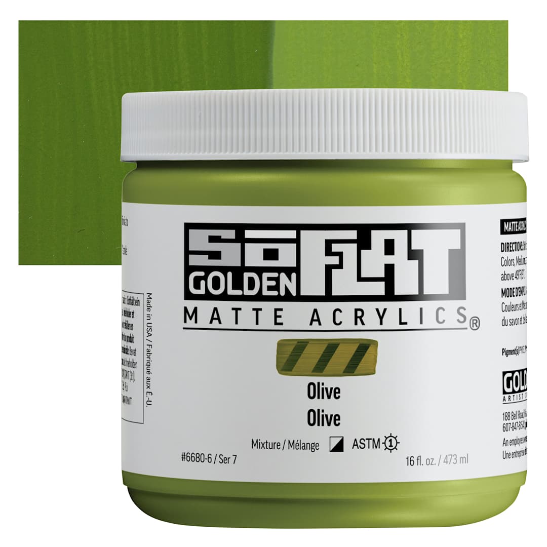 Open in modal - Golden SoFlat Matte Acrylic Paint - Olive, 473 ml, Jar and swatch