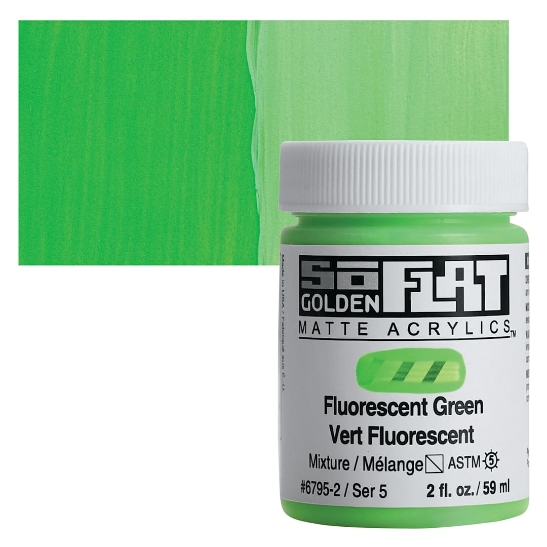 Open in modal - Golden SoFlat Matte Acrylic Paint - Fluorescent Green, 59 ml, Jar and swatch