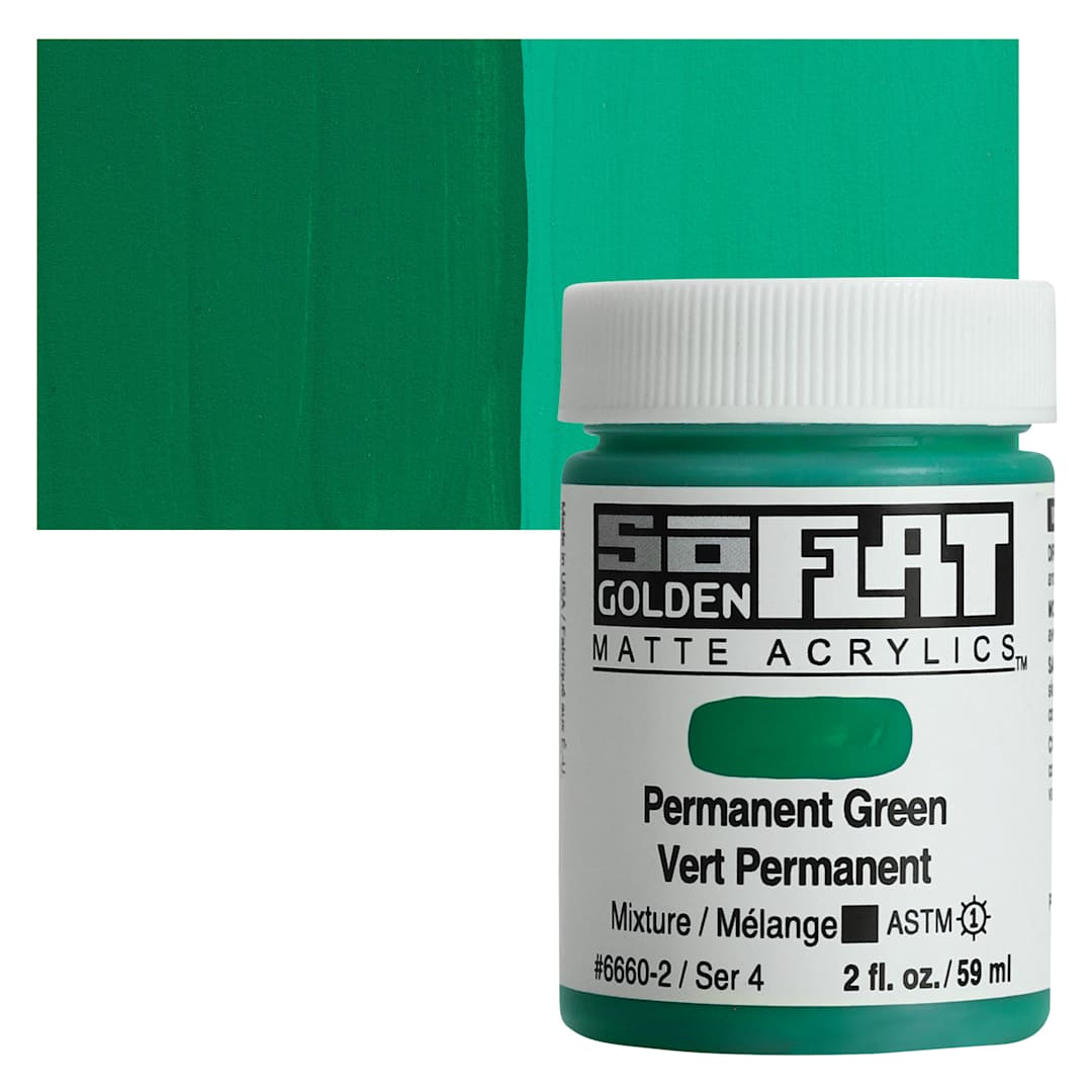 Open in modal - Golden SoFlat Matte Acrylic Paint - Permanent Green, 59 ml, Jar and swatch