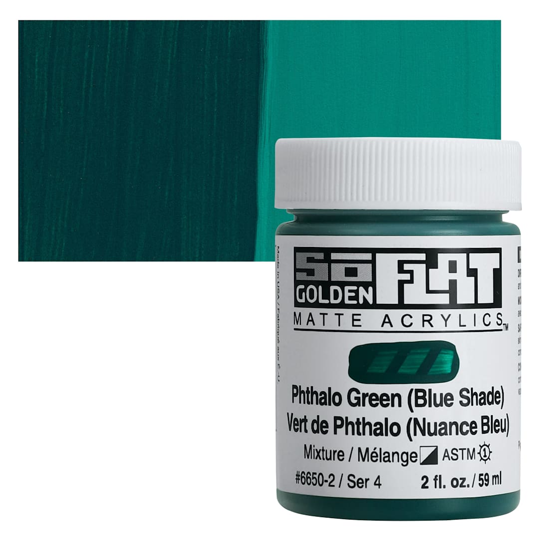 Open in modal - Golden SoFlat Matte Acrylic Paint - Phthalo Green (Blue Shade), 59 ml, Jar and swatch