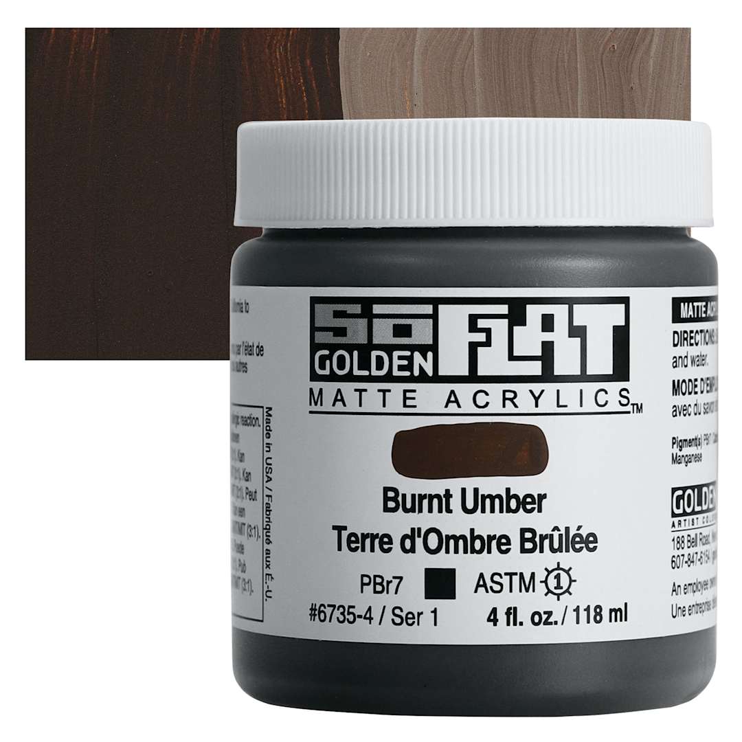 Open in modal - Golden SoFlat Matte Acrylic Paint - Burnt Umber, 118 ml, Jar and swatch