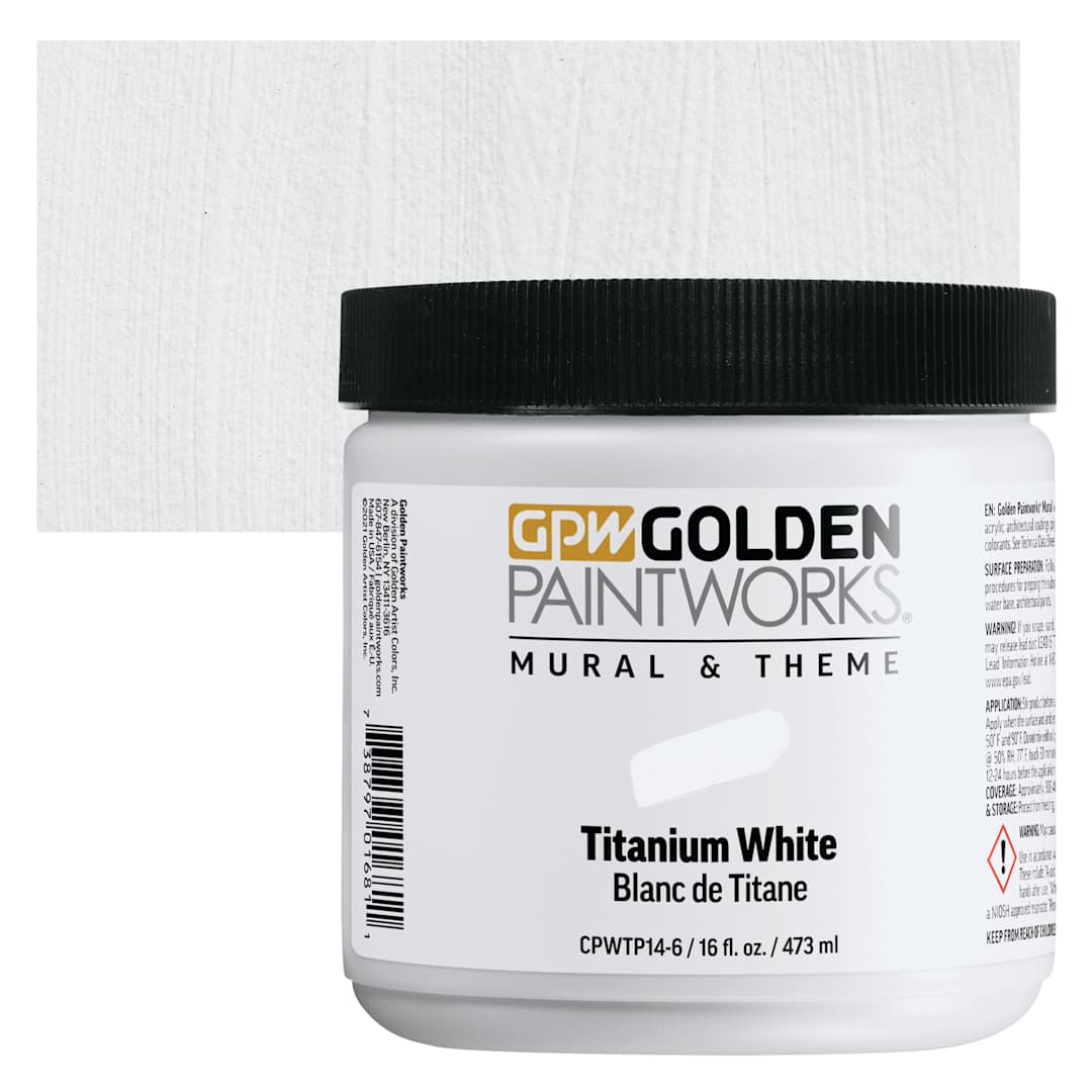 Open in modal - Golden Paintworks Mural and Theme Acrylic Paint - Titanium White, 16 oz, Jar and swatch