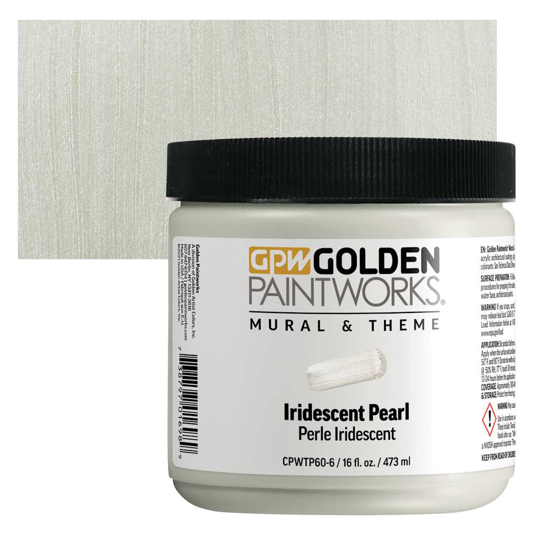 Open in modal - Golden Paintworks Mural and Theme Acrylic Paint - Iridescent Pearl, 16 oz, Jar and swatch