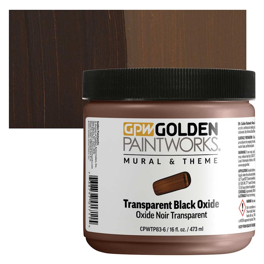 Open in modal - Golden Paintworks Mural and Theme Acrylic Paint - Transparent Black Oxide, 16 oz, Jar and swatch