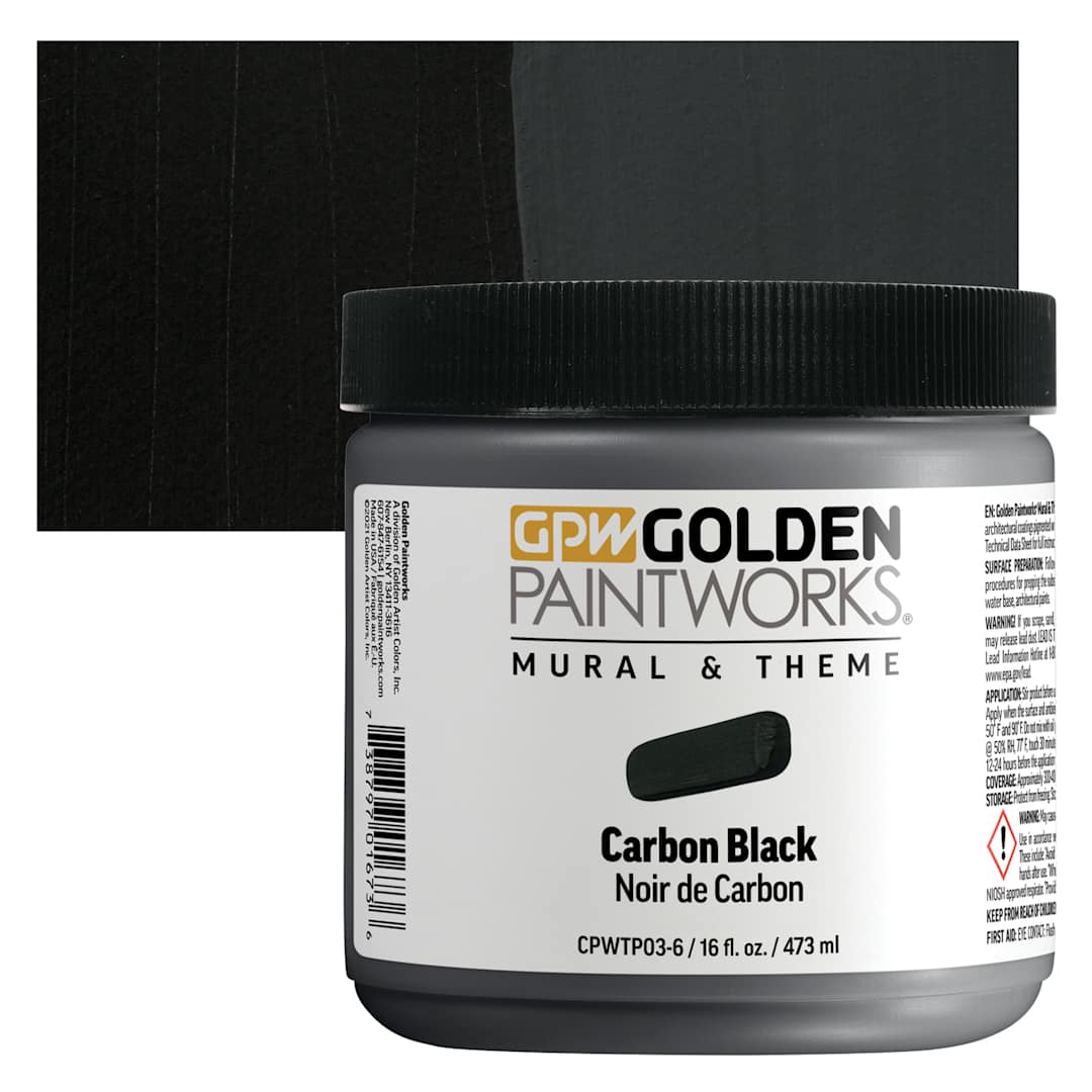 Open in modal - Golden Paintworks Mural and Theme Acrylic Paint - Carbon Black, 16 oz, Jar and swatch