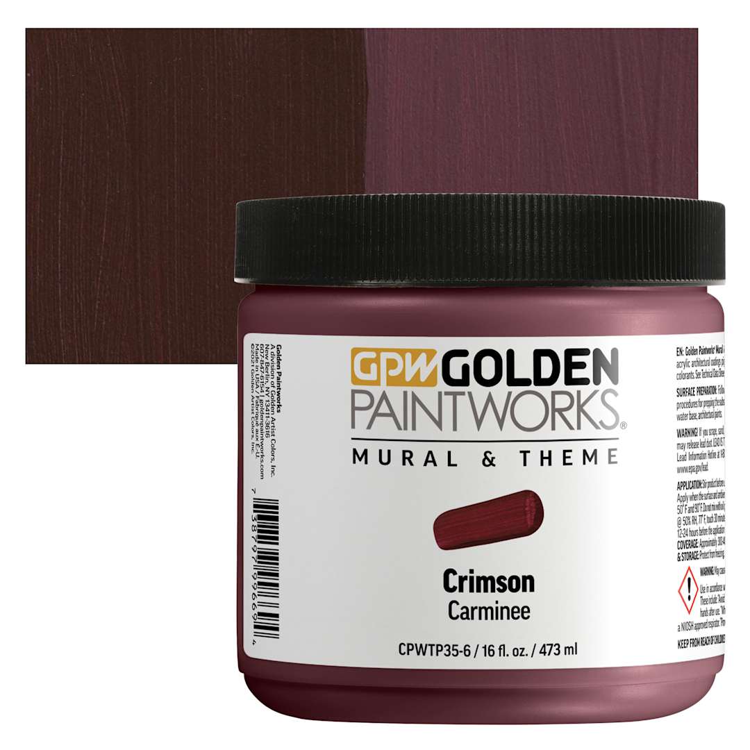Open in modal - Golden Paintworks Mural and Theme Acrylic Paint - Crimson, 16 oz, Jar and swatch