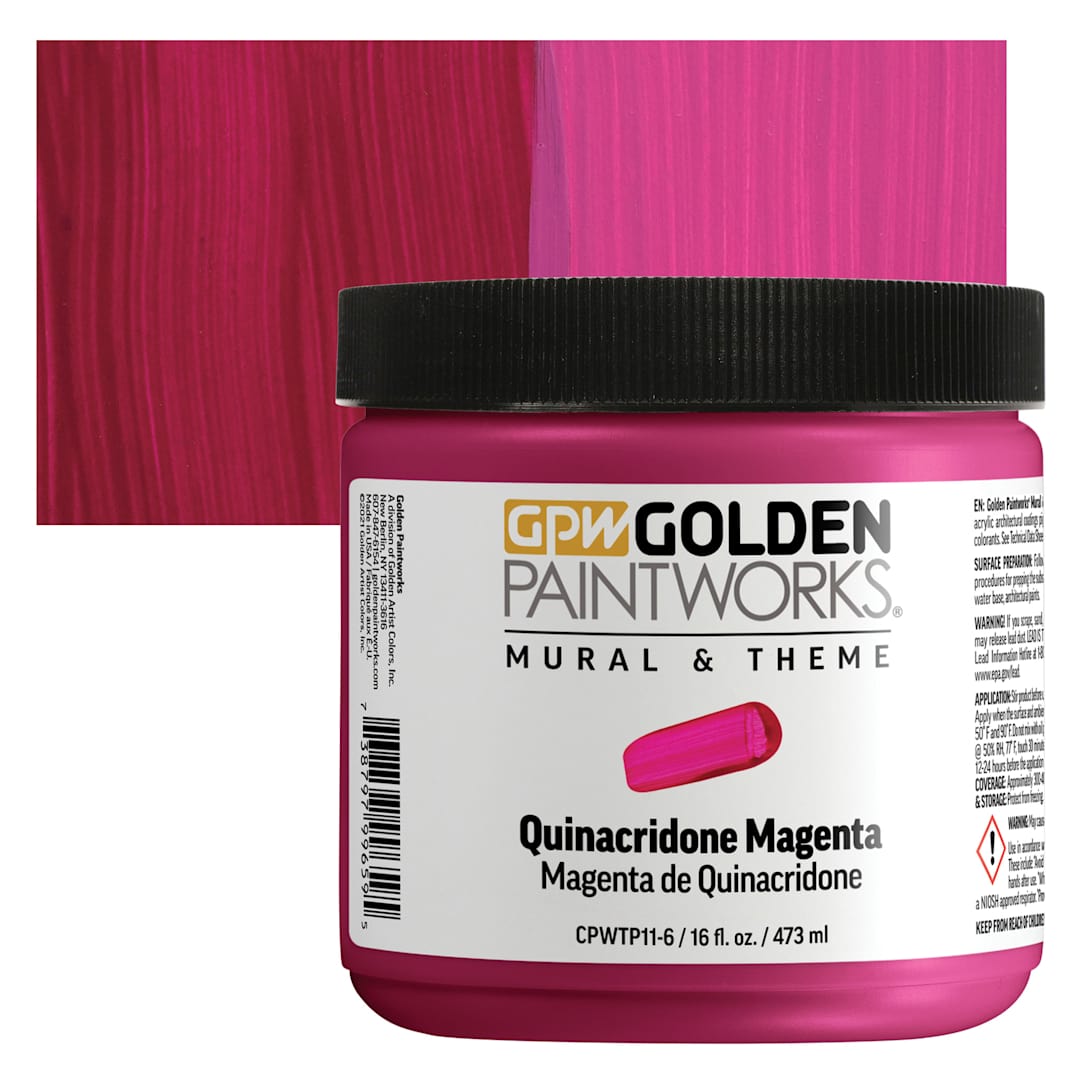 Open in modal - Golden Paintworks Mural and Theme Acrylic Paint - Quinacridone Magenta, 16 oz, Jar and swatch