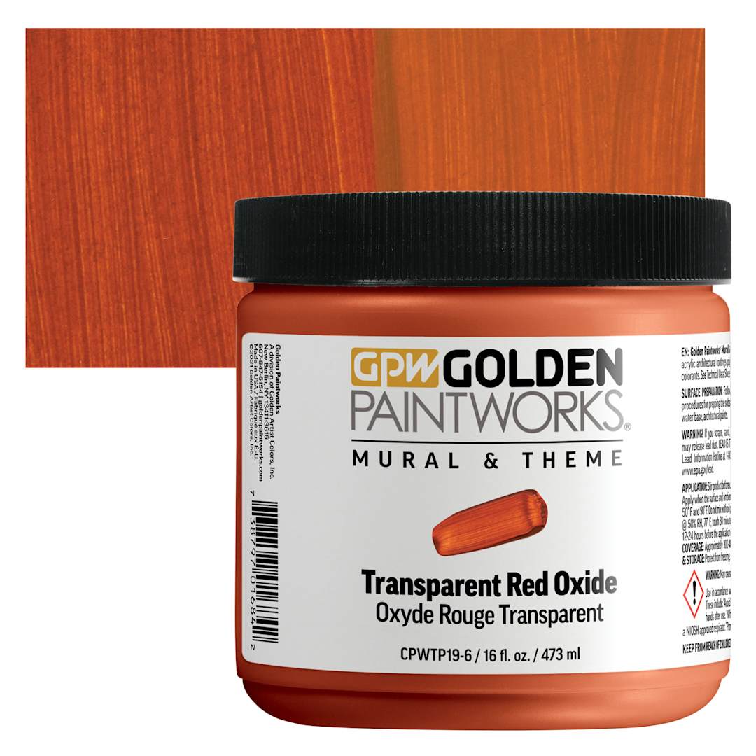 Open in modal - Golden Paintworks Mural and Theme Acrylic Paint - Transparent Red Oxide, 16 oz, Jar and swatch