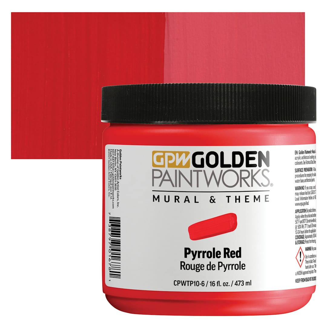 Open in modal - Golden Paintworks Mural and Theme Acrylic Paint - Pyrrole Red, 16 oz, Jar and swatch