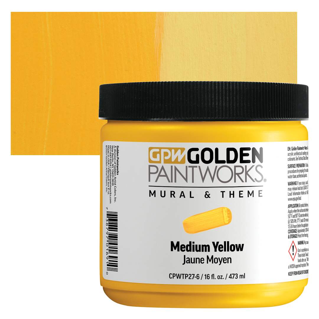 Open in modal - Golden Paintworks Mural and Theme Acrylic Paint - Medium Yellow, 16 oz, Jar and swatch