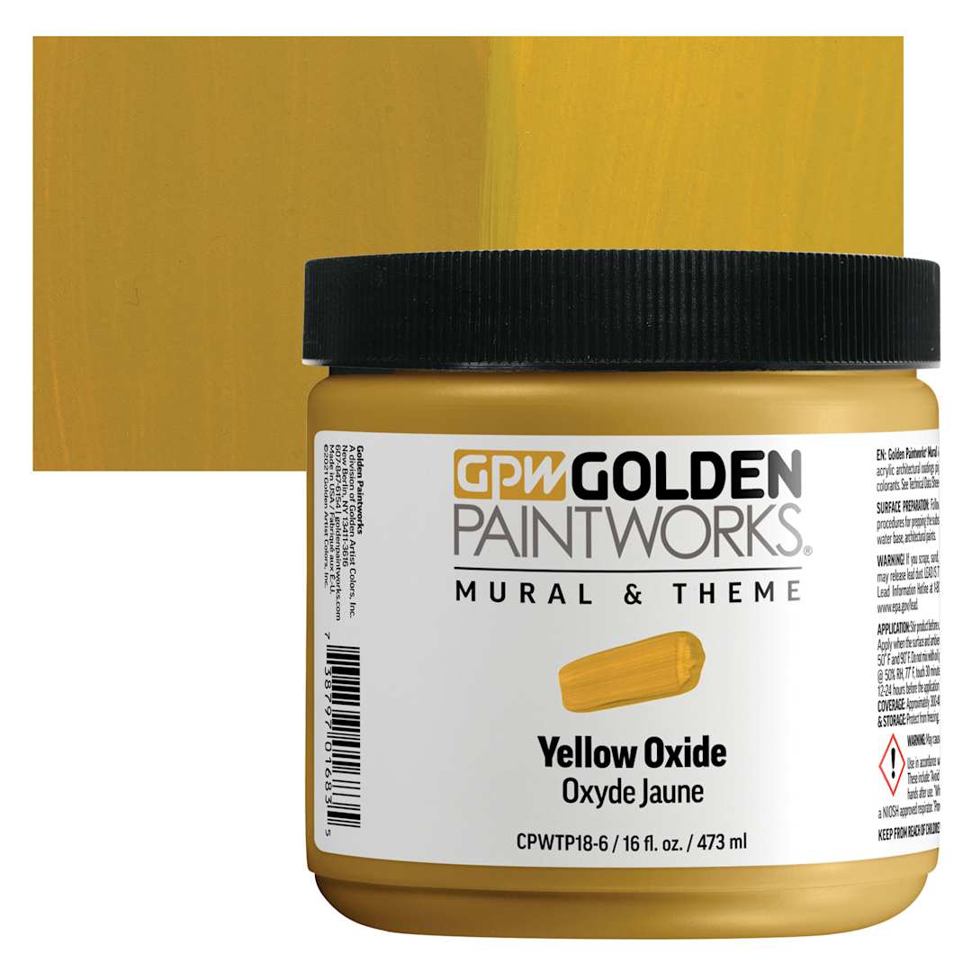 Open in modal - Golden Paintworks Mural and Theme Acrylic Paint - Yellow Oxide, 16 oz, Jar and swatch