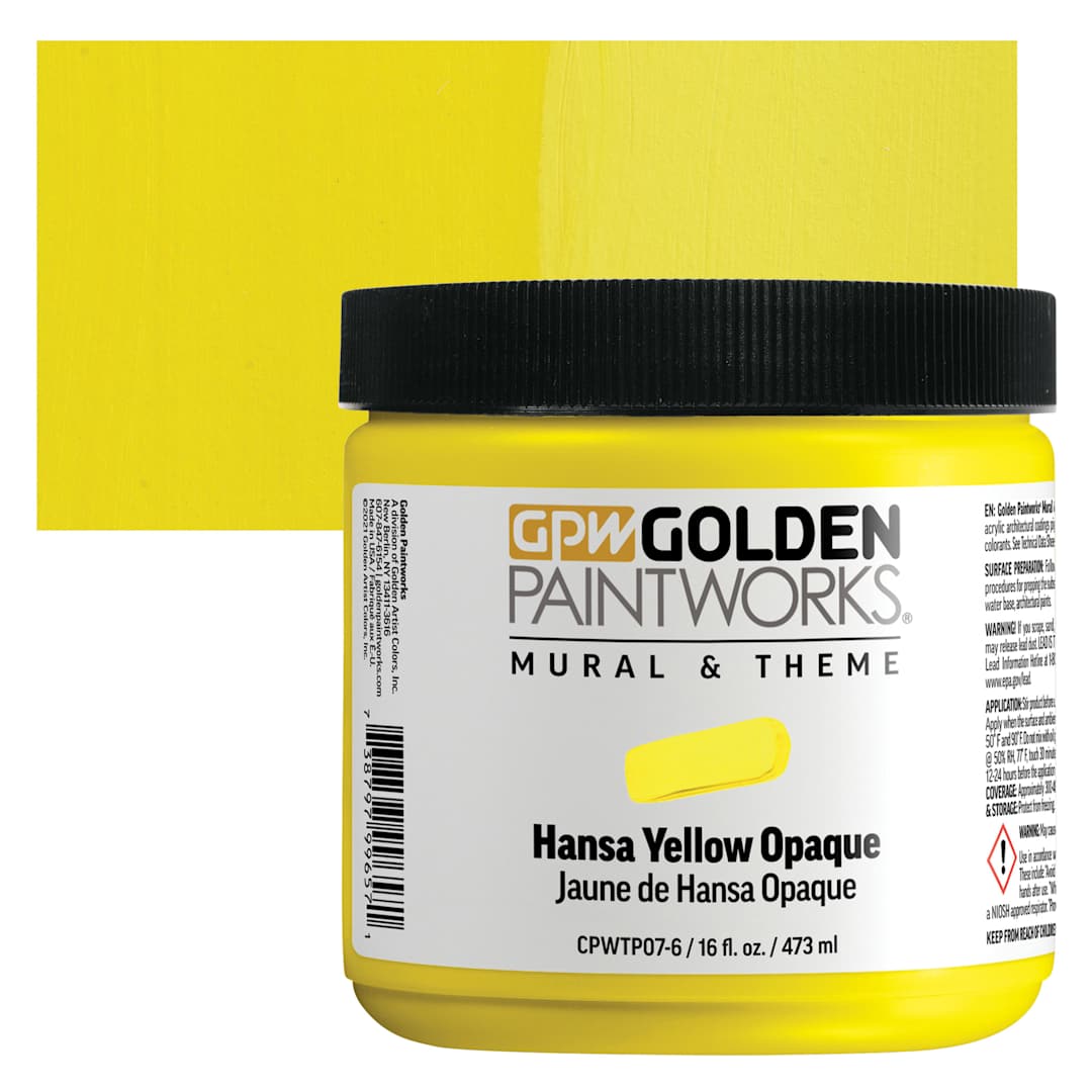 Open in modal - Golden Paintworks Mural and Theme Acrylic Paint - Hansa Yellow Opaque, 16 oz, Jar and swatch