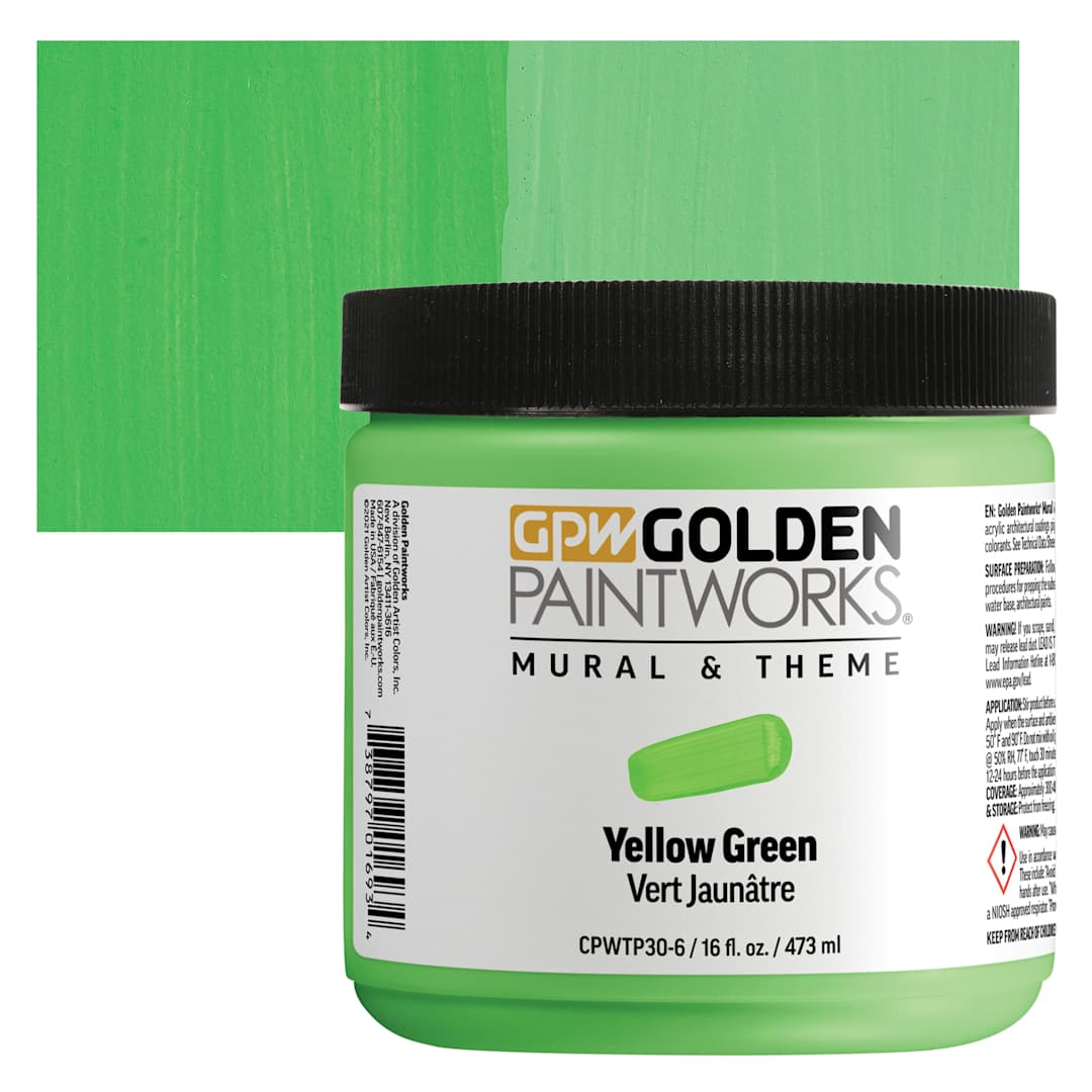 Open in modal - Golden Paintworks Mural and Theme Acrylic Paint - Yellow Green, 16 oz, Jar and swatch
