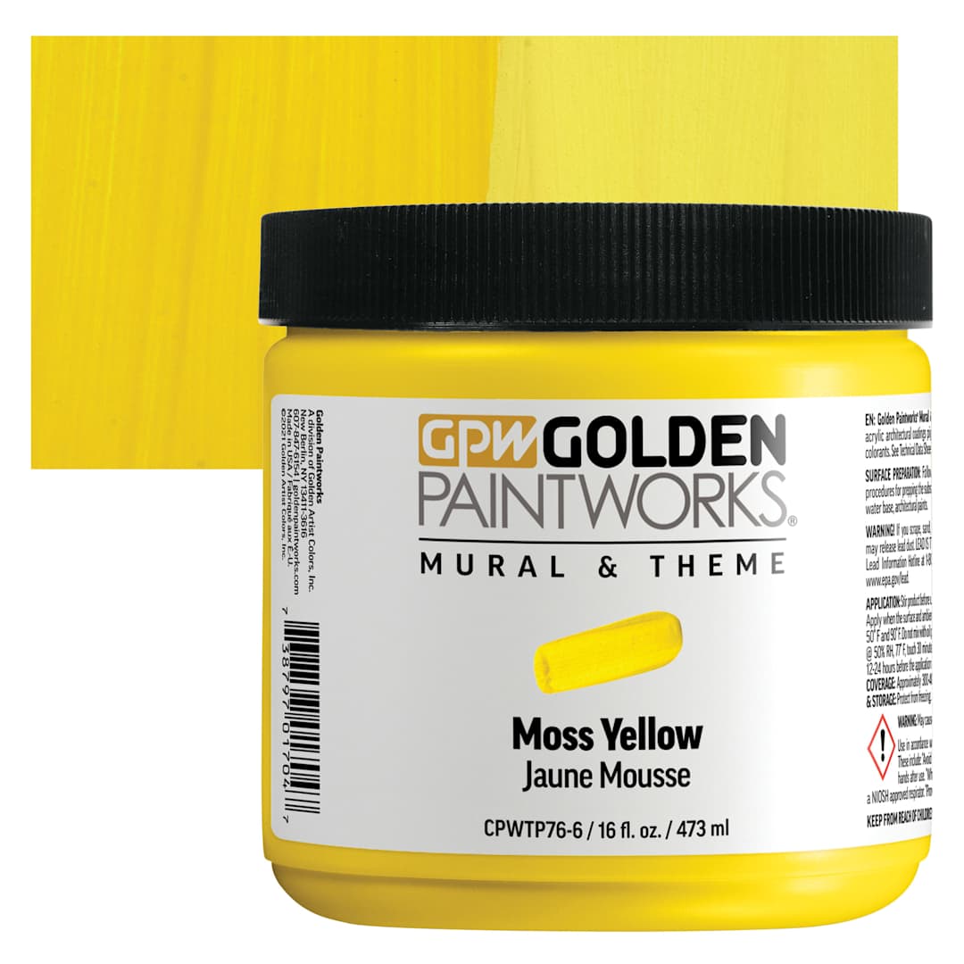 Open in modal - Golden Paintworks Mural and Theme Acrylic Paint - Moss Yellow, 16 oz, Jar and swatch