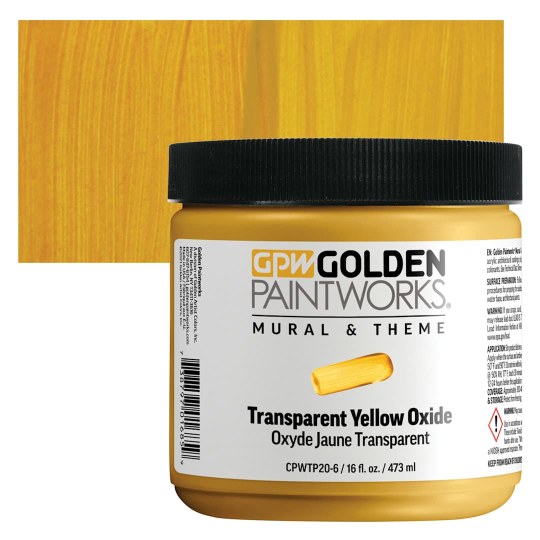Open in modal - Golden Paintworks Mural and Theme Acrylic Paint - Transparent Yellow Oxide, 16 oz, Jar and swatch