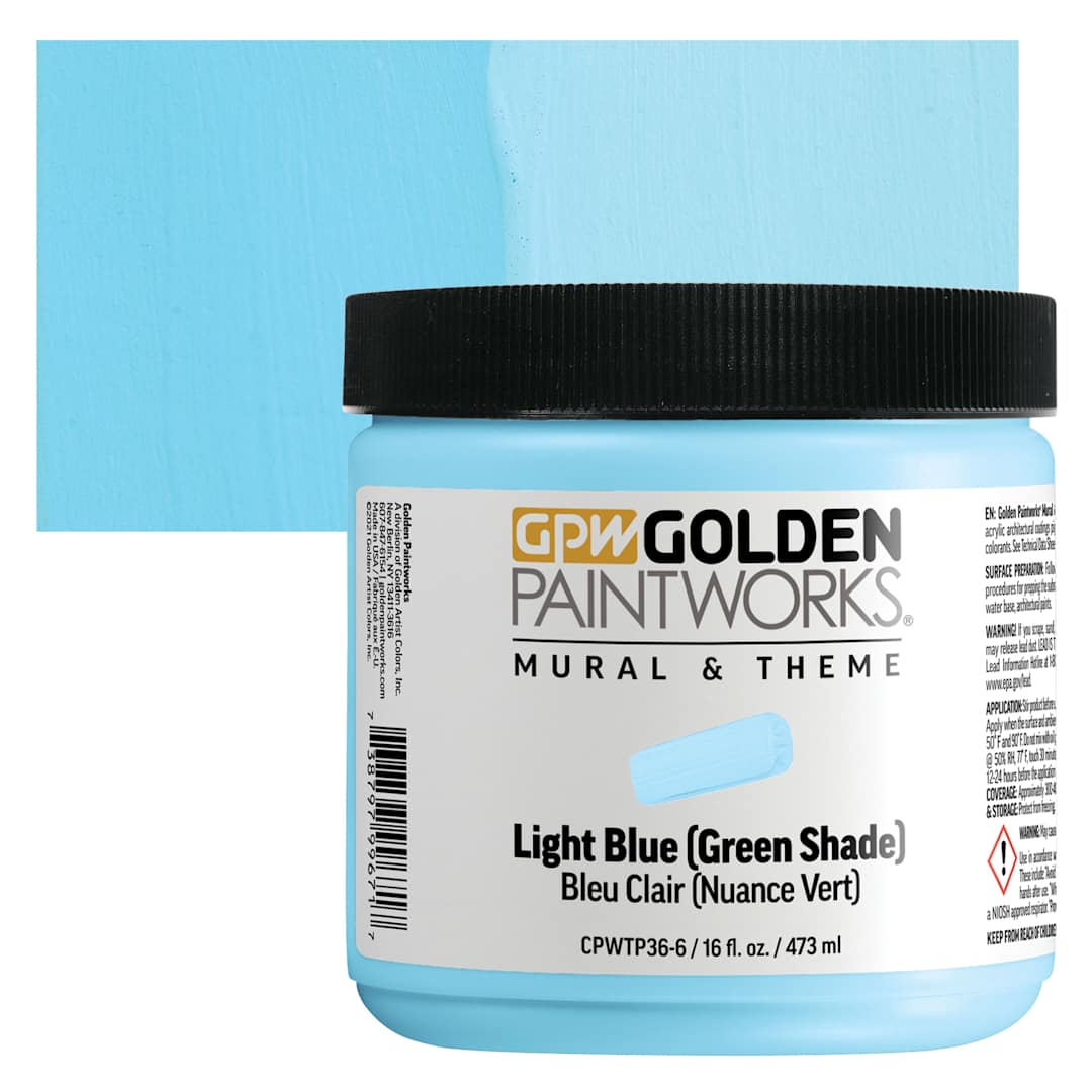 Open in modal - Golden Paintworks Mural and Theme Acrylic Paint - Light Blue (Green Shade), 16 oz, Jar and swatch