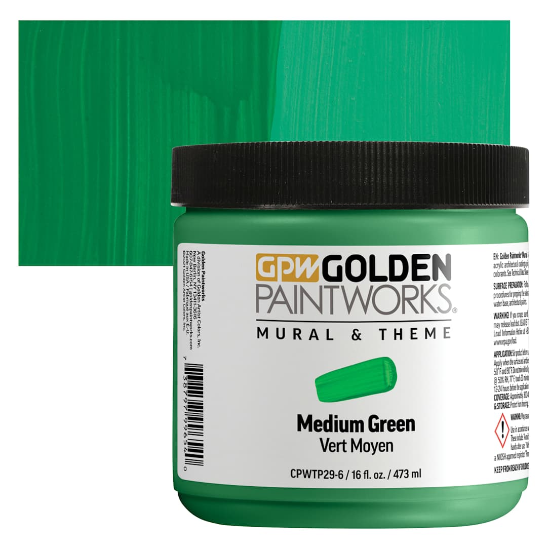 Open in modal - Golden Paintworks Mural and Theme Acrylic Paint - Medium Green, 16 oz, Jar and swatch