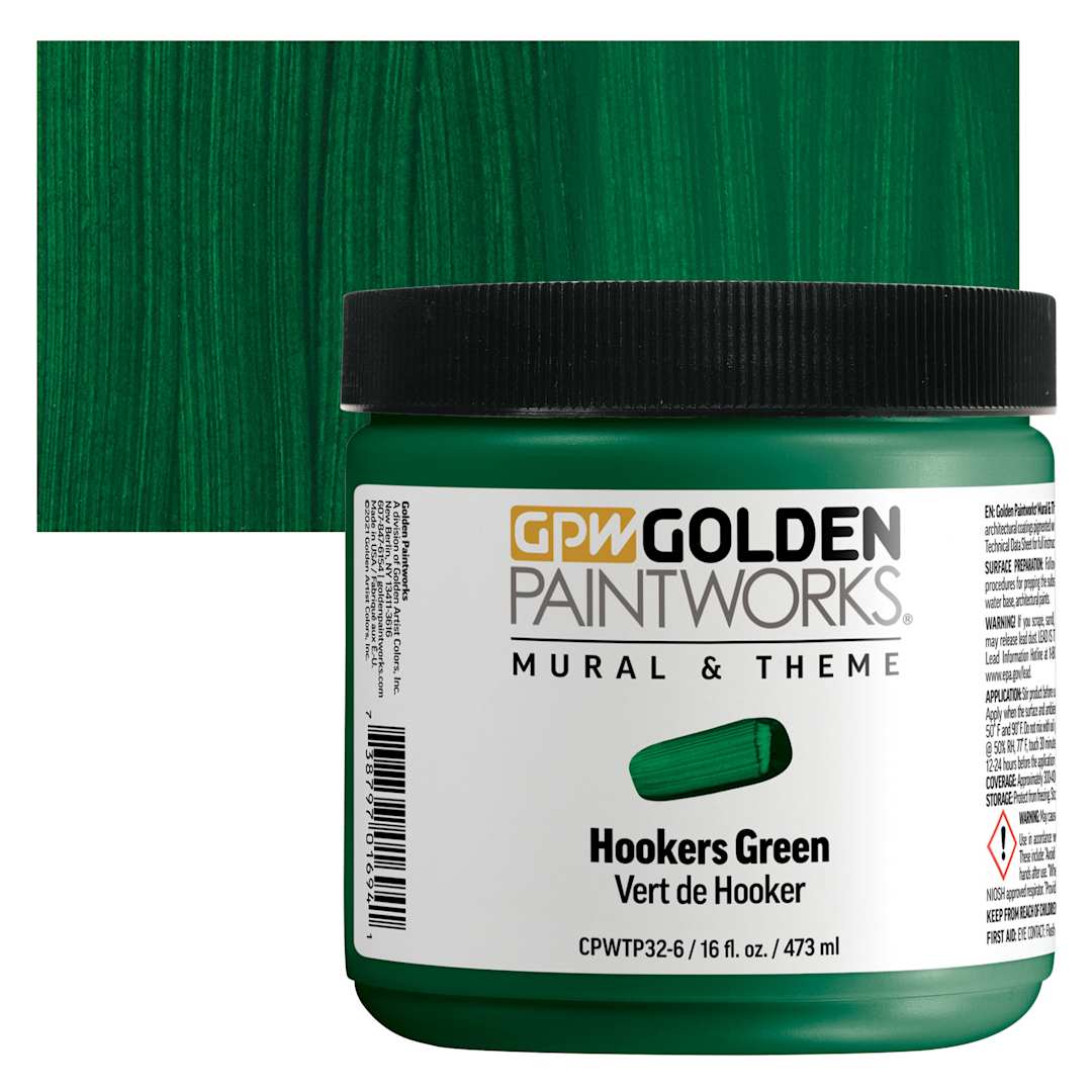 Open in modal - Golden Paintworks Mural and Theme Acrylic Paint - Hookers Green, 16 oz, Jar and swatch
