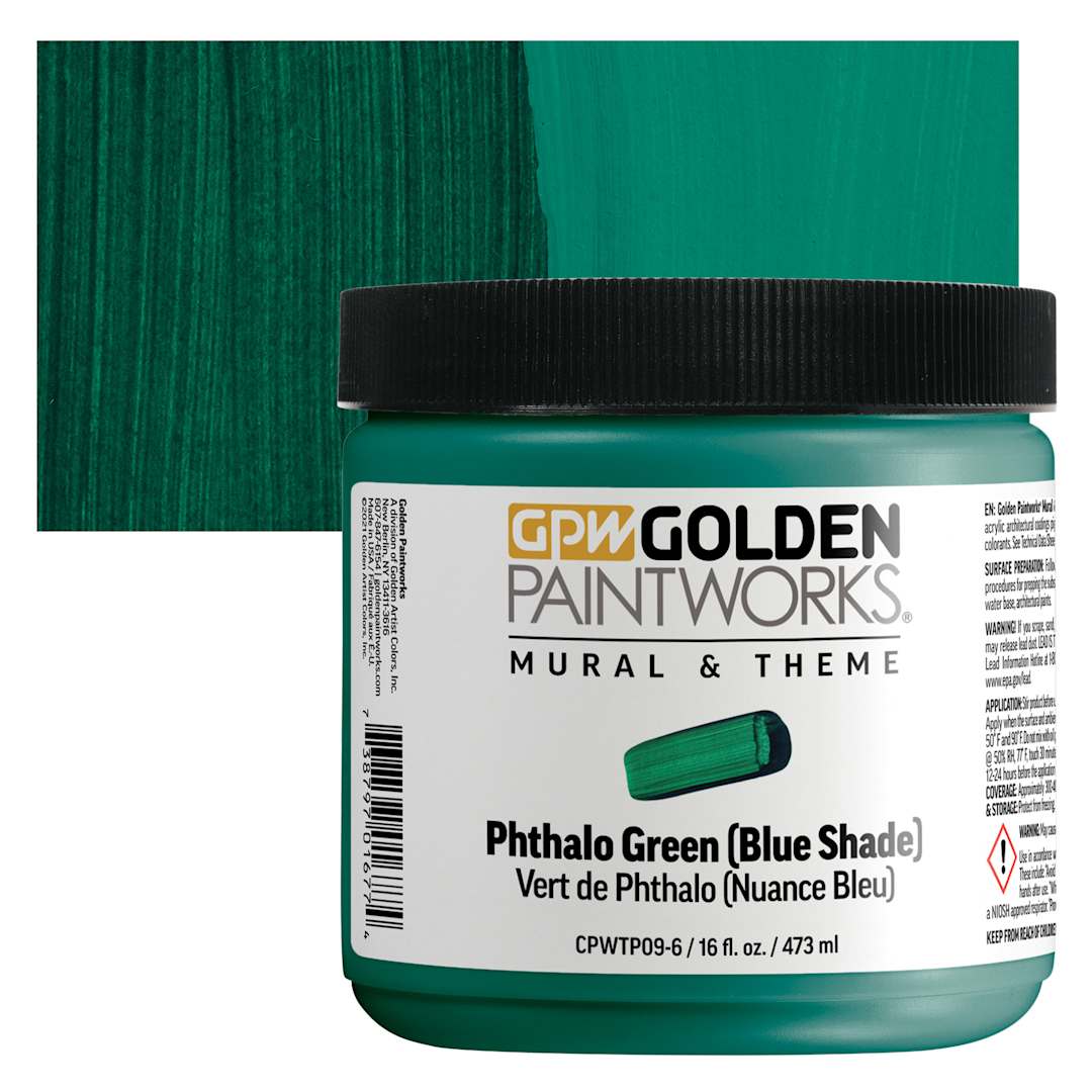 Open in modal - Golden Paintworks Mural and Theme Acrylic Paint - Phthalo Green (Blue Shade), 16 oz, Jar and swatch
