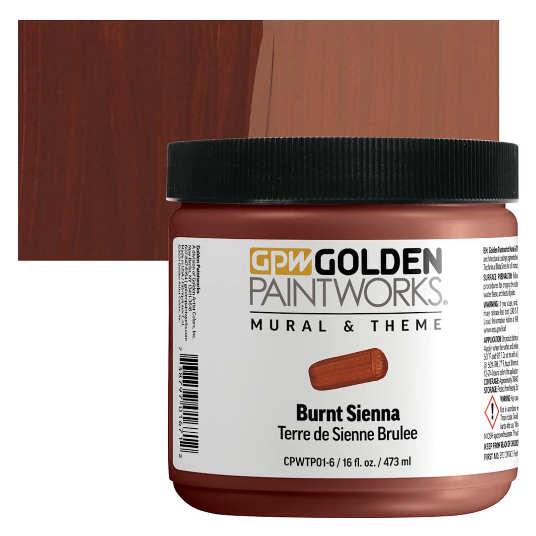 Open in modal - Golden Paintworks Mural and Theme Acrylic Paint - Burnt Sienna, 16 oz, Jar and swatch
