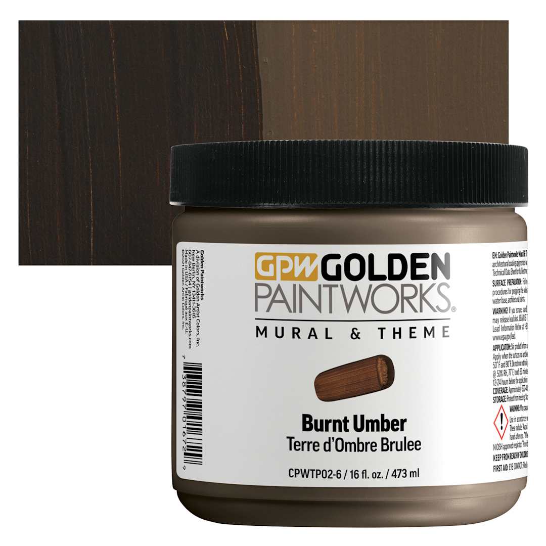 Open in modal - Golden Paintworks Mural and Theme Acrylic Paint - Burnt Umber, 16 oz, Jar and swatch