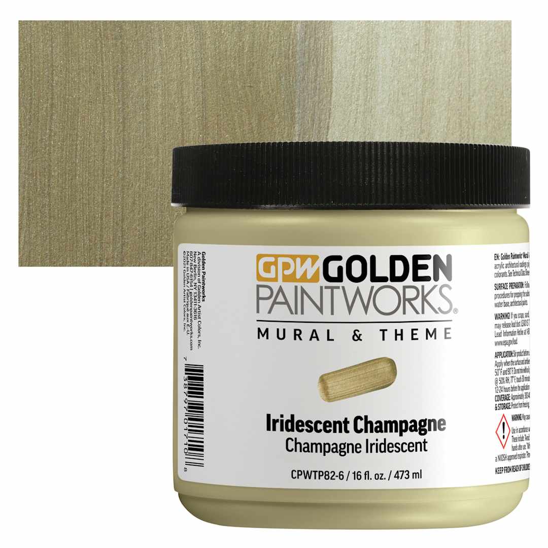 Open in modal - Golden Paintworks Mural and Theme Acrylic Paint - Iridescent Champagne, 16 oz, Jar and swatch