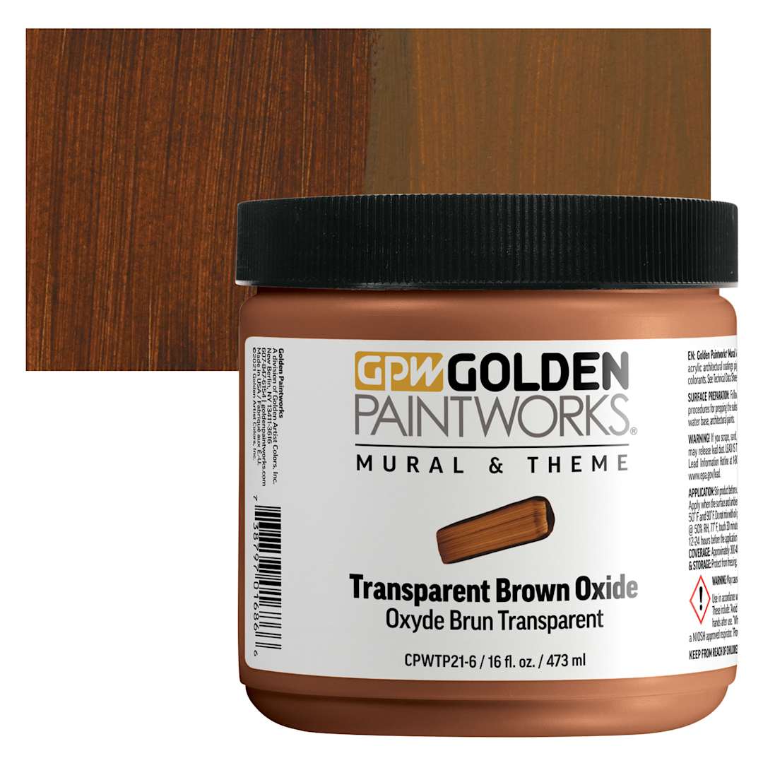 Open in modal - Golden Paintworks Mural and Theme Acrylic Paint - Transparent Brown Oxide, 16 oz, Jar and swatch