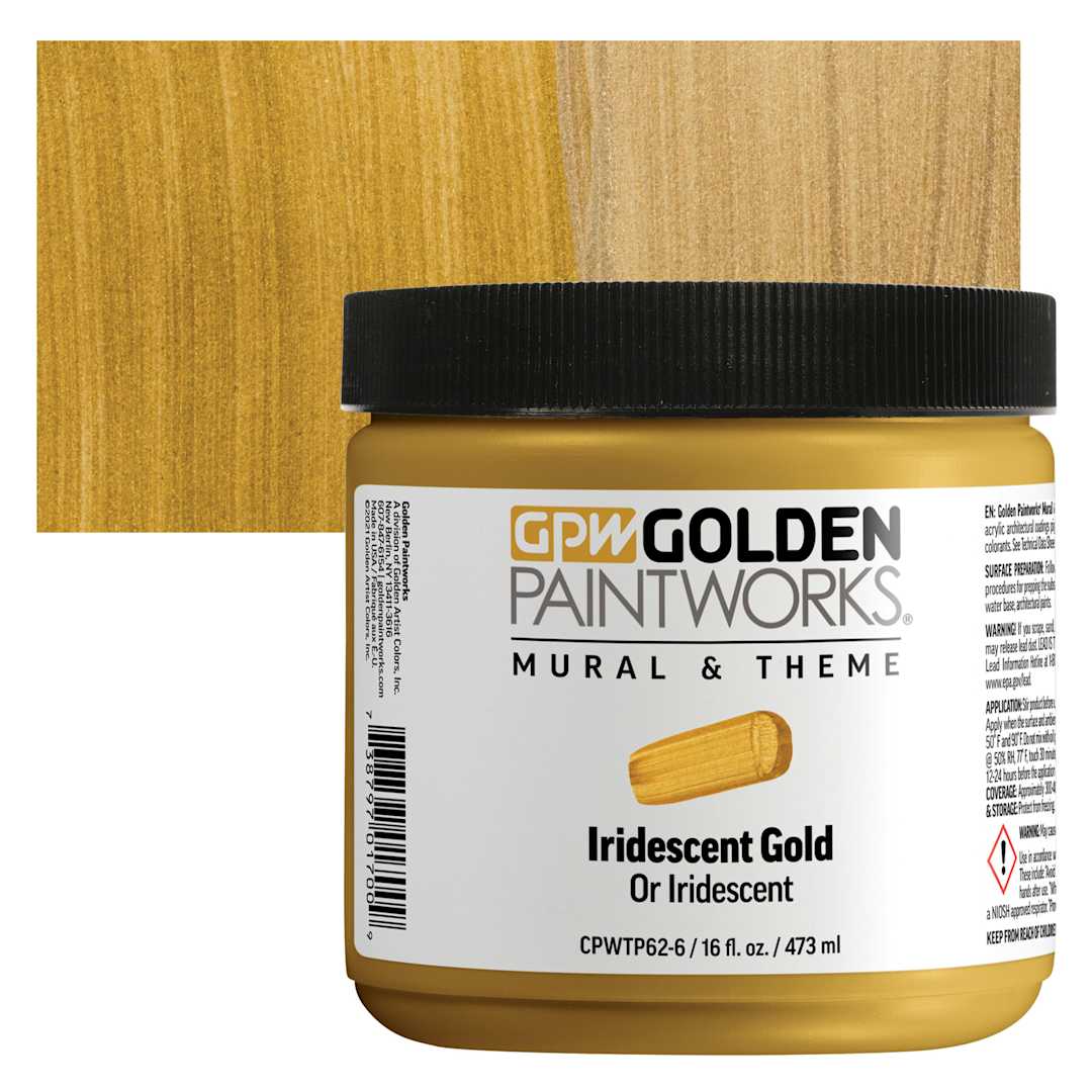 Open in modal - Golden Paintworks Mural and Theme Acrylic Paint - Iridescent Gold, 16 oz, Jar and swatch