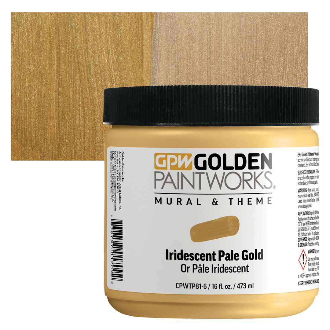 Open in modal - Golden Paintworks Mural and Theme Acrylic Paint - Iridescent Pale Gold, 16 oz, Jar and swatch