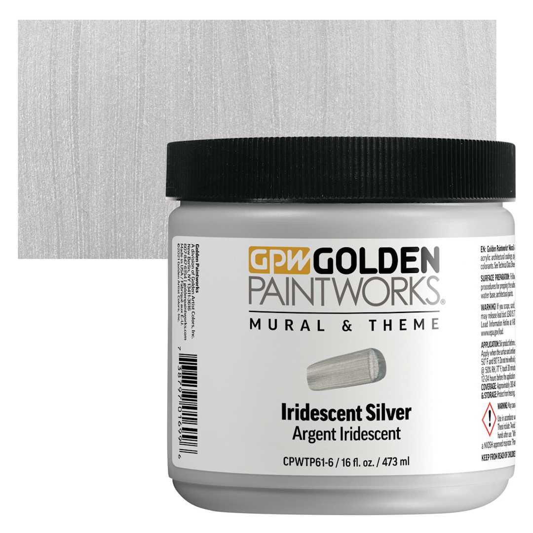 Open in modal - Golden Paintworks Mural and Theme Acrylic Paint - Iridescent Silver, 16 oz, Jar and swatch