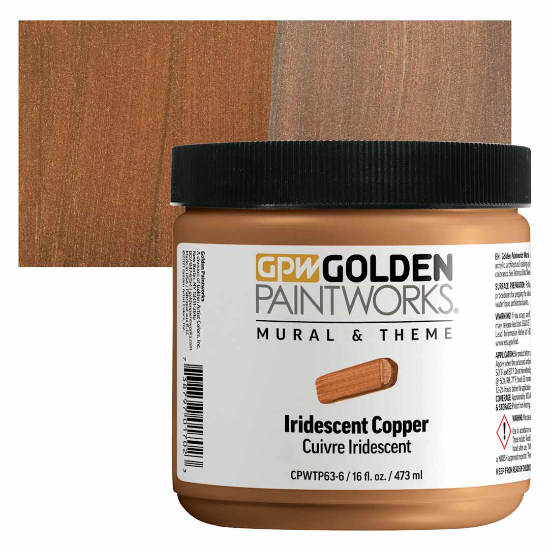 Open in modal - Golden Paintworks Mural and Theme Acrylic Paint - Iridescent Copper, 16 oz, Jar and swatch