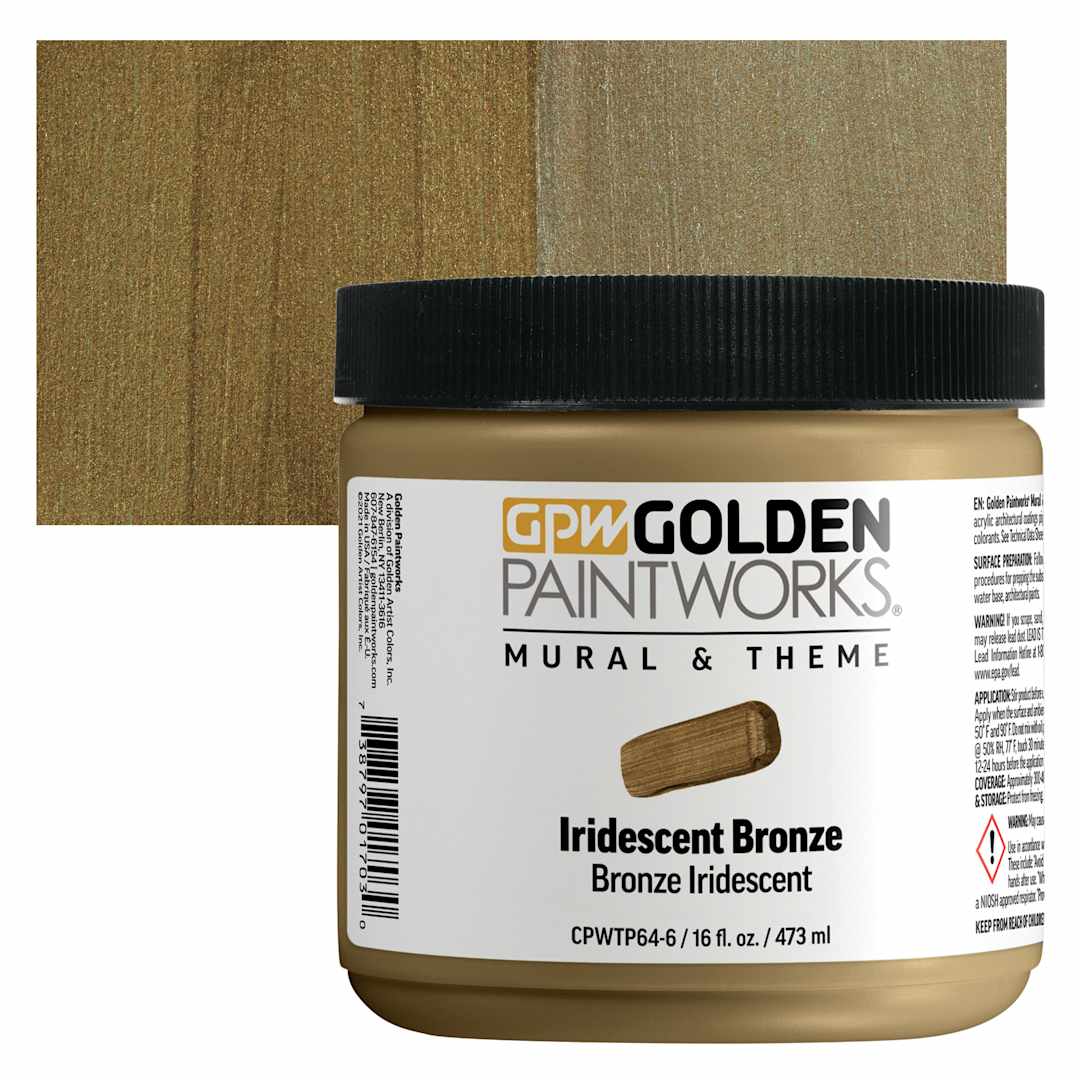 Open in modal - Golden Paintworks Mural and Theme Acrylic Paint - Iridescent Bronze, 16 oz, Jar and swatch