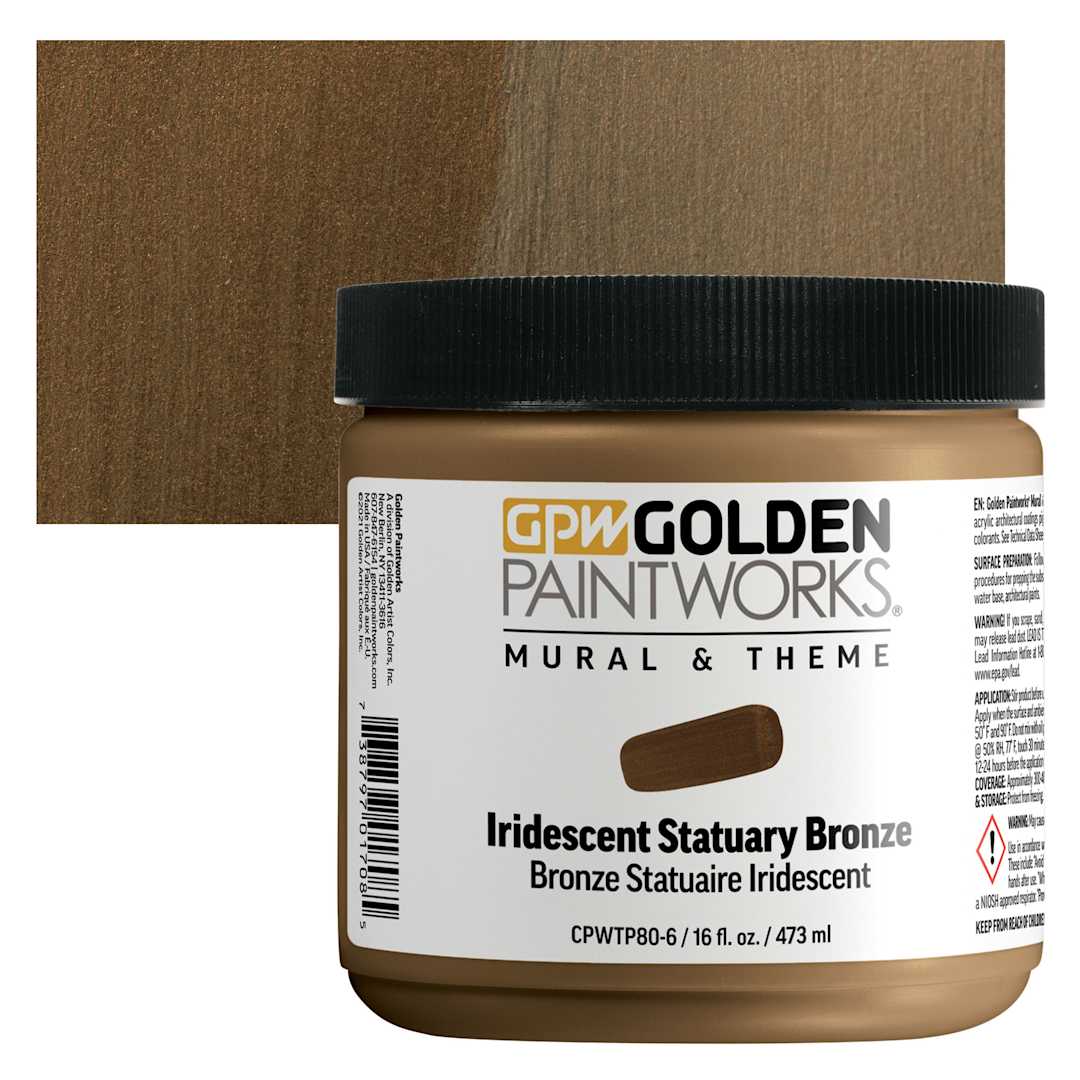 Open in modal - Golden Paintworks Mural and Theme Acrylic Paint - Iridescent Statuary Bronze, 16 oz, Jar and swatch