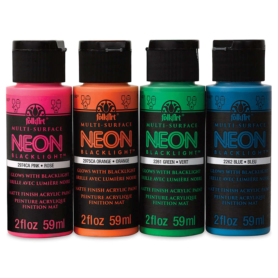 Open in modal - FolkArt Multi-Surface Neon Blacklight Acrylic Paint - Set of 4, Assorted Colors, 2 oz, Bottles (Out of packaging)