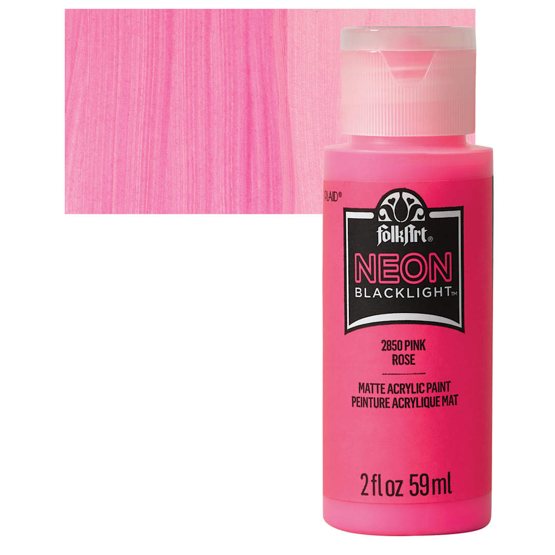 Open in modal - FolkArt Multi-Surface Neon Blacklight Acrylic Paint - Pink, 2 oz, Bottle and swatch